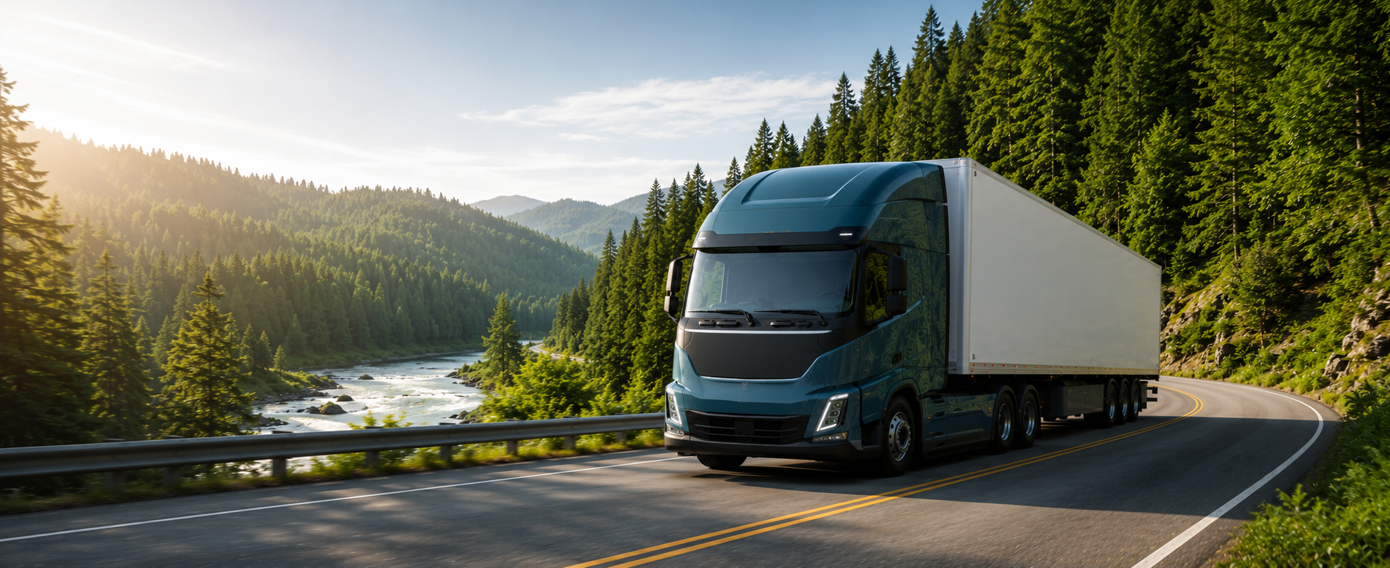 Electric truck on a scenic road with mountains and trees in the background